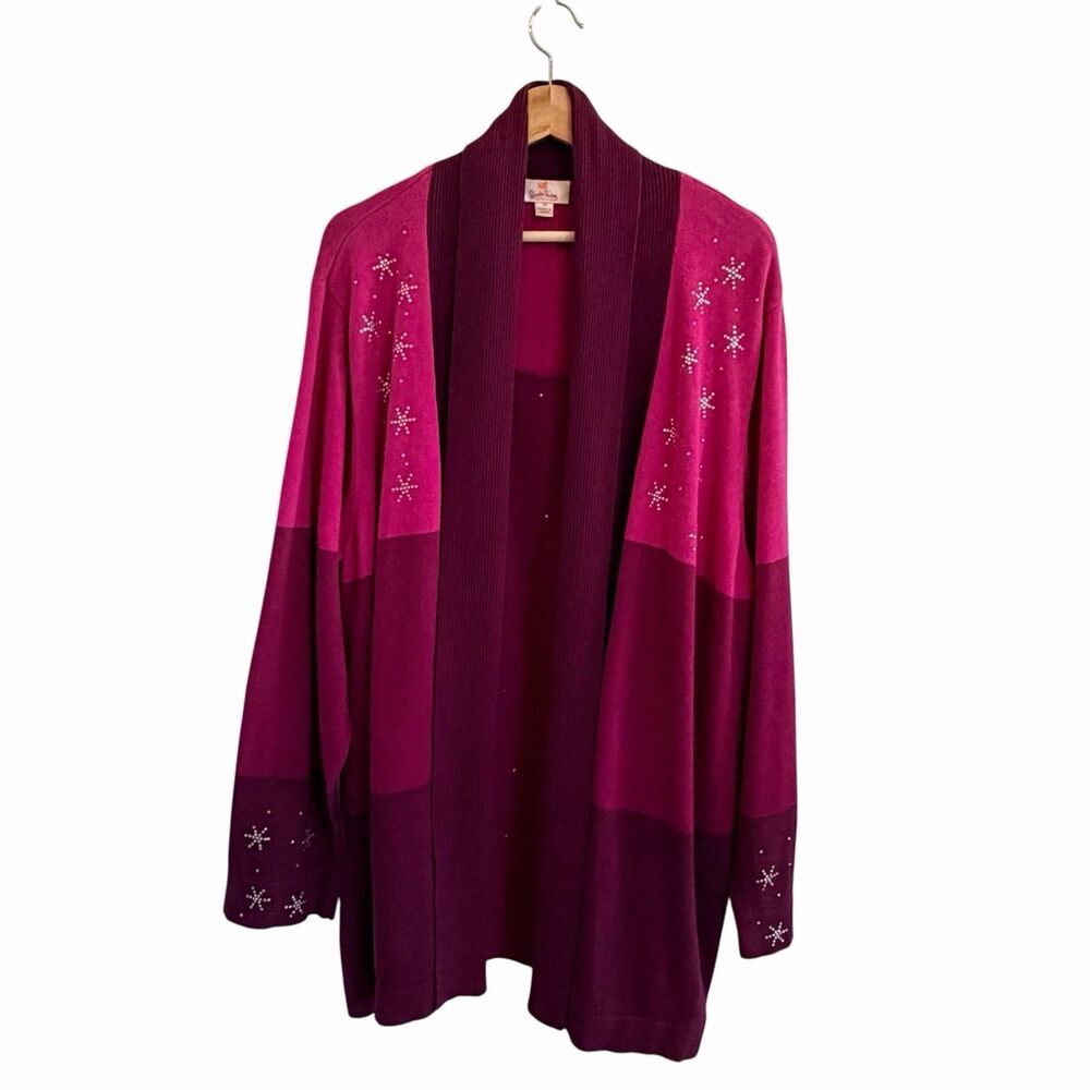 Quacker Factory Open Front Rhinestone Snowflake Cardigan Size 3X Holiday Winter